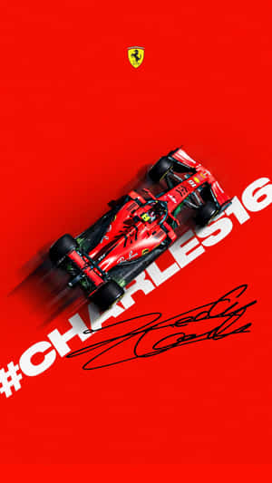 紅色法拉利F1賽車，帶有 '#CHARLES16' 和簽名，背景為紅色。