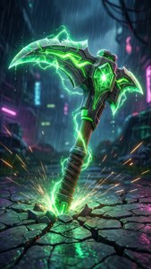 發光綠色魔法斧頭在雨中的霓虹城市打破柏油路