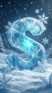 發光冰字母S在雪地冬日場景中，雪花飄落，結霜的樹枝。