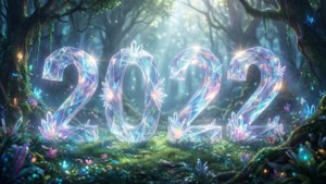 水晶數字2022在魔法森林中與生物發光植物一起發光。
