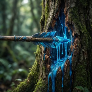 一根魔法藍色箭頭插在長滿苔蘚的樹上，發光液體滴落。