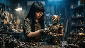 年輕女性在雜亂的工作室中修理銅製蒸氣龐克機器人