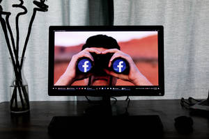 電腦顯示器顯示一個人使用雙筒望遠鏡，鏡片上有Facebook標誌，背景是沙漠。