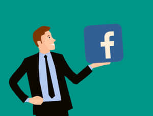 商人在青綠色背景上舉起Facebook標誌