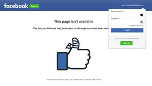 Facebook 頁面無法使用錯誤，附有登入和註冊選項。