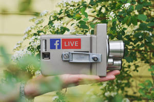 手拿著帶有Facebook Live貼紙的復古相機，周圍是綠葉和白花。
