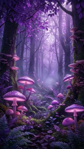 紫色發光蘑菇在長滿苔蘚的樹木間生長，在柔和光線下的神秘森林。