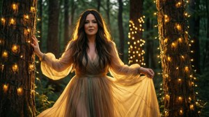 女子身穿金色長裙，站在森林中裝飾著串燈的樹木之間。