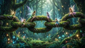 六位擁有發光翅膀的精靈坐在一條長滿苔蘚、扭曲的樹枝上，身處有發光燈光的魔法森林中。