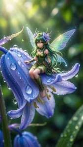 一位綠髮有翅膀的仙女坐在森林中一朵佈滿露珠的紫色花上。