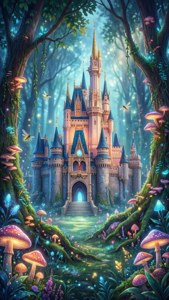 魔法森林中被發光蘑菇和螢火蟲環繞的魔法城堡
