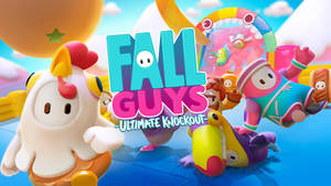 Fall Guys角色在色彩繽紛的遊戲競技場中，配以明亮的天空和遊戲標誌。