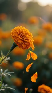 陽光花園中橙色萬壽菊花瓣飄落