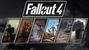 Fallout 4 遊戲封面，在毀滅的世界中展示六個角色肖像。
