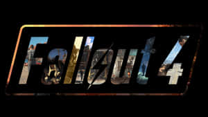 Fallout 4 遊戲標誌，透過字母鏤空可見廢土和未來主義室內場景。