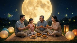 中秋佳節家人團聚賞月，手持月餅與花燈，共度歡樂時光。