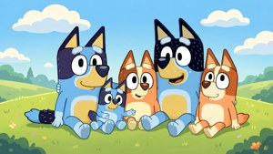 五隻卡通藍色赫勒犬一起坐在草地上，天空湛藍。