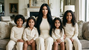 Kim Kardashian 和她的四個孩子一起坐在豪華客廳的米色沙發上。