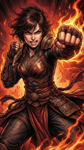一位身穿精細盔甲的女戰士被火焰包圍向前揮拳。