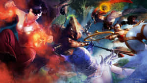 奇幻戰士在充滿活力的混亂場景中用魔法和劍戰鬥。