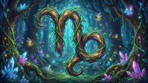 一個由藤蔓製成的發光星座符號，在一個有水晶和螢火蟲的魔法森林中。