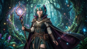 一位青綠色頭髮的奇幻精靈法師在充滿浮游光芒的魔法森林中揮舞發光法杖。