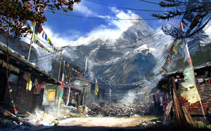 一個山村，背景有經幡和雪峰。