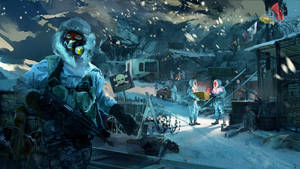 穿著冬季裝備的士兵巡邏一個積雪的軍事前哨，有鐵絲網和旗幟。
