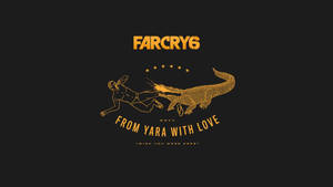 Far Cry 6 標誌，以金色線條藝術呈現一個男人被鱷魚咬住。