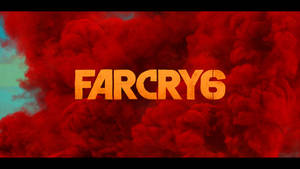 Far Cry 6 遊戲標題以橙色文字呈現，被紅煙環繞。