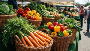 戶外農貿市場上擺放著新鮮胡蘿蔔、芹菜和燈籠椒的籃子，附近有購物者。