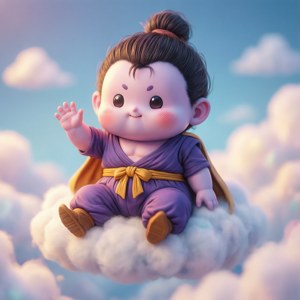可愛的動漫寶寶穿著紫色衣服，在藍天的 fluffy 雲朵上揮手。