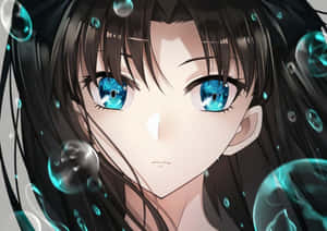 擁有藍色眼睛和深色頭髮的動漫女孩，被發光的氣泡包圍。