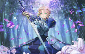 藍色盔甲的動漫戰士在魔法雨中手持劍，伴隨著紫色花瓣。