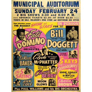 1957 年復古音樂會海報，為市政禮堂 featuring Fats Domino、Bill Doggett 和 Chuck Berry。 — 復古gif 壁紙