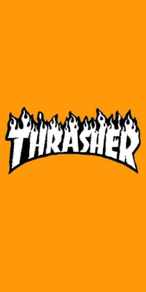 橙色背景上帶有火焰設計的Thrasher雜誌標誌。