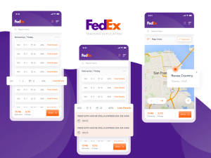 FedEx追蹤應用程式屏幕，在手機上顯示送貨、取件、地圖和簽名選項。