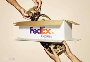 兩隻手在FedEx Express運輸箱內處理一個裝飾花瓶。