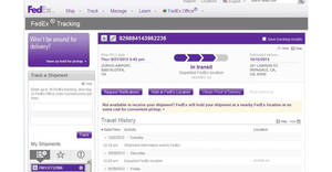 FedEx貨件追蹤頁面，顯示包裹狀態和運送歷史。