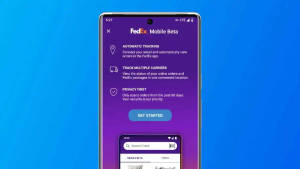 智能手機在藍色背景上顯示 FedEx Mobile Beta 應用程式功能。