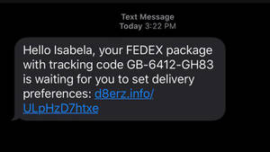 來自FedEx的文字訊息，要求使用可疑連結設定送貨偏好。