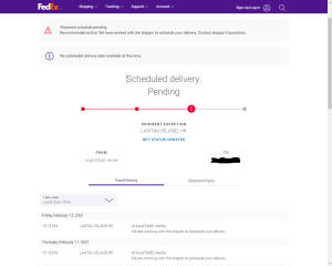 FedEx 貨件追蹤頁面，顯示帶有異常通知的待處理遞送。