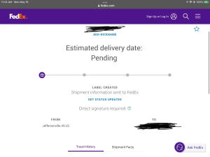 FedEx 運單追蹤畫面，顯示待處理的送貨狀態。