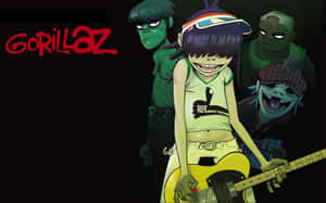 Gorillaz 動畫樂隊，其中一人在黑暗背景下彈結他。