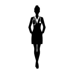 黑色剪影，一個穿著商務西裝的女人站在白色背景前