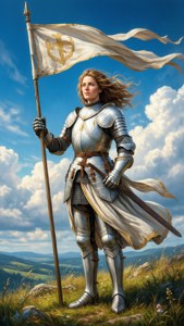 身穿銀色盔甲的女騎士在陽光明媚的山頂上手持白旗，風吹拂著。