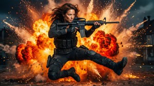 女兵在爆炸中跳躍並瞄準步槍。