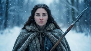 一位在雪地森林中手持長矛的堅定女性。