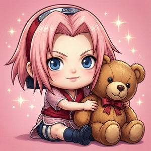粉紅色頭髮的Q版動畫女孩擁抱一隻帶紅色蝴蝶結的泰迪熊。 — Infinix Zero 壁紙