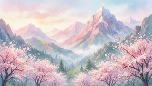 日出時霧氣山脈前的粉紅櫻花樹。